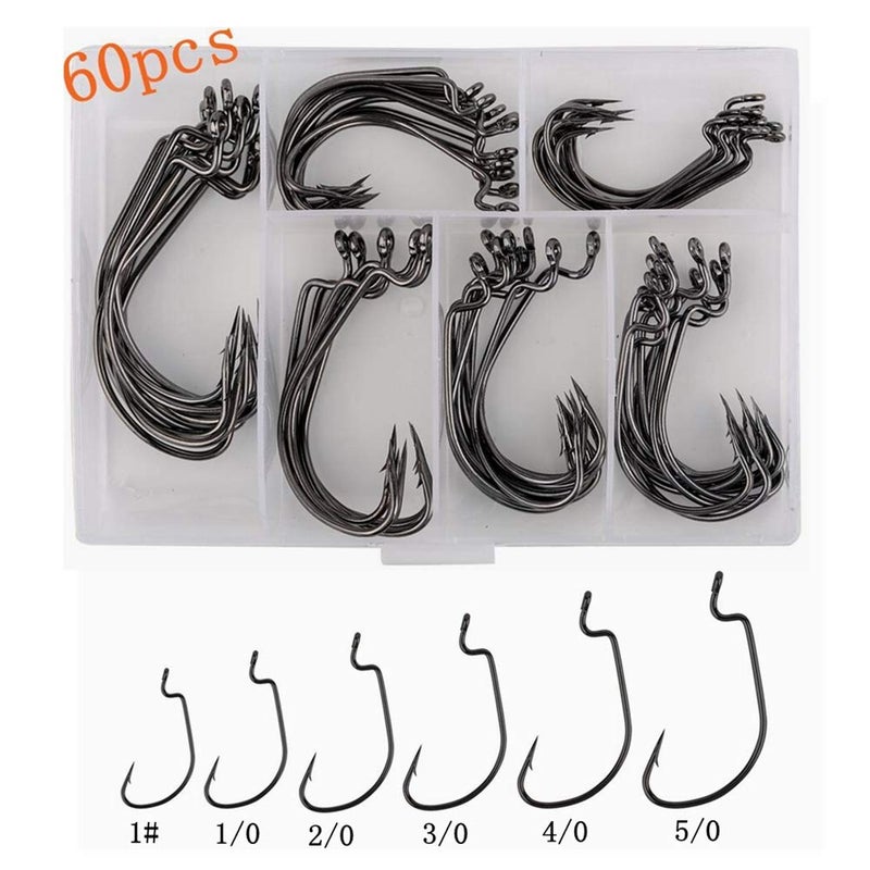FCFKUK 60pcs Offset Worm Hook High Carbon Steel Wide Gap Bait Jig Fish Hooks with Plastic Box #1-5/0 - Image 5